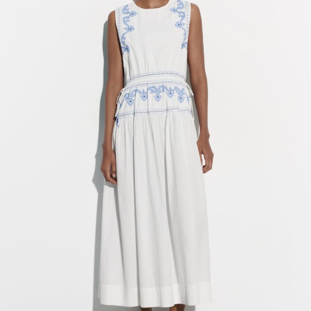 Zara White Maxi Dress with Light Blue Embroidery
